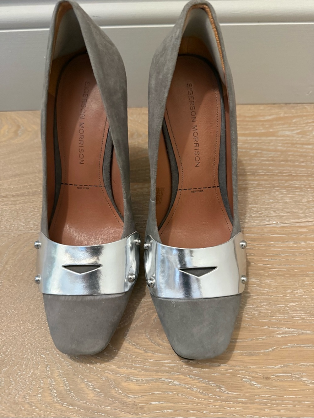 Sigerson Morrison Gray Suede Pumps with Silver Metal Strap